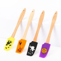 Factory Supply Wooden Handle Halloween Pattern Mini Silicone Baking Spatula